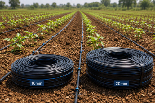 Drip irrigation tape installed in a crop field
