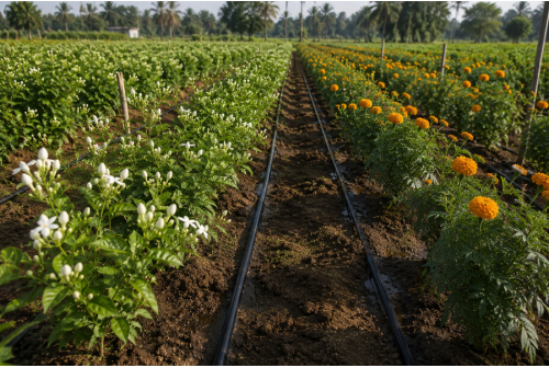 Jasmine and marigold farm with drip irrigation